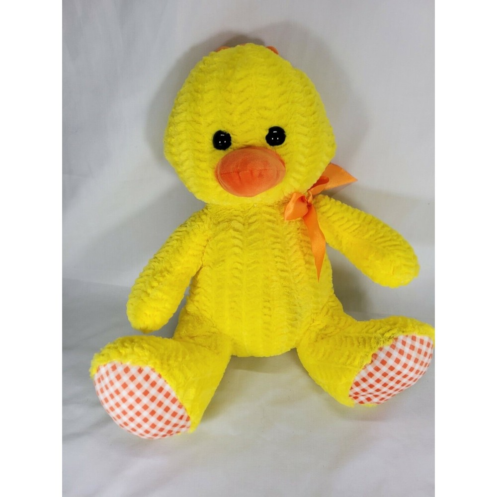 Goffa Int. Duckling Duck Plush Yellow 14" Stuffed Soft Toy checker feet w bow‎